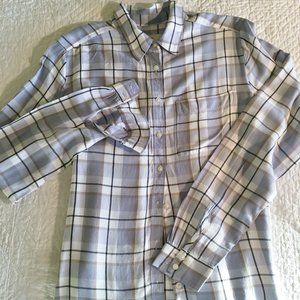 Loft Plaid Shirt Small LS Button Front Blue Tan White